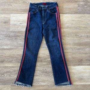 Mother Insider Step Crop Fray Jeans in Speed Racer Blue Red Side Stripe Size 24